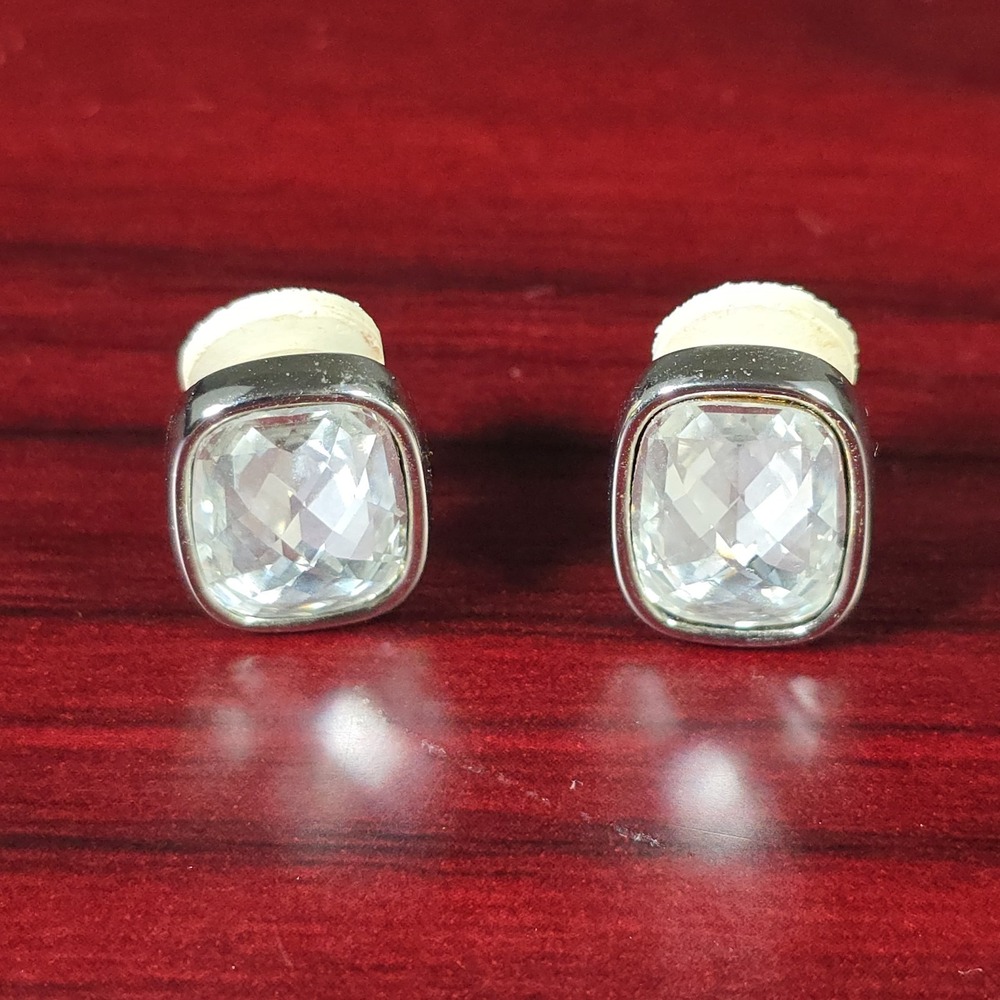 Vintage Swarovski Clear Crystal Silver Tone Clip On‎ Earrings Square